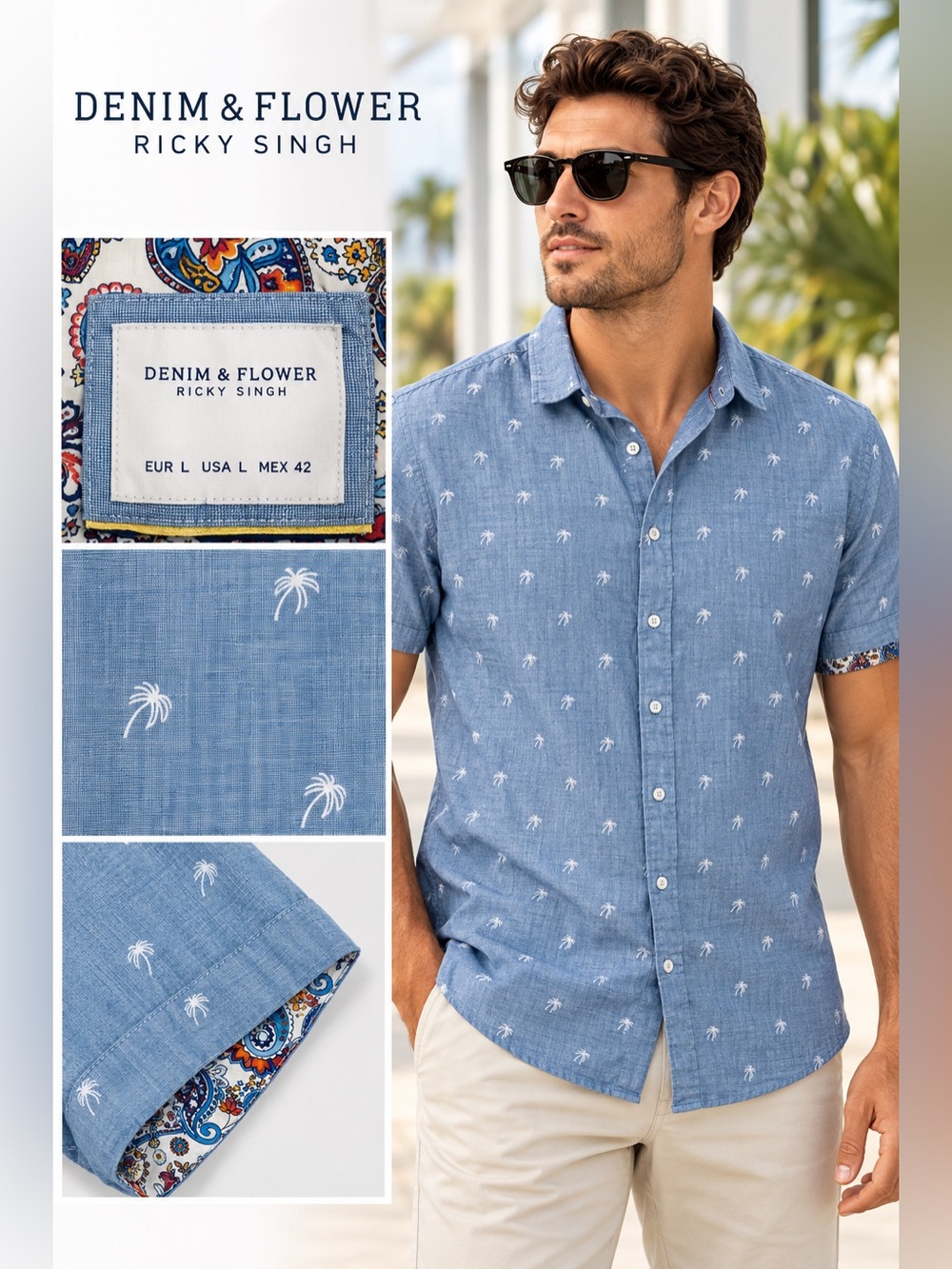 Denim & Flower Light Blue Palm-Print Short Sleeve Button-Down Shirt